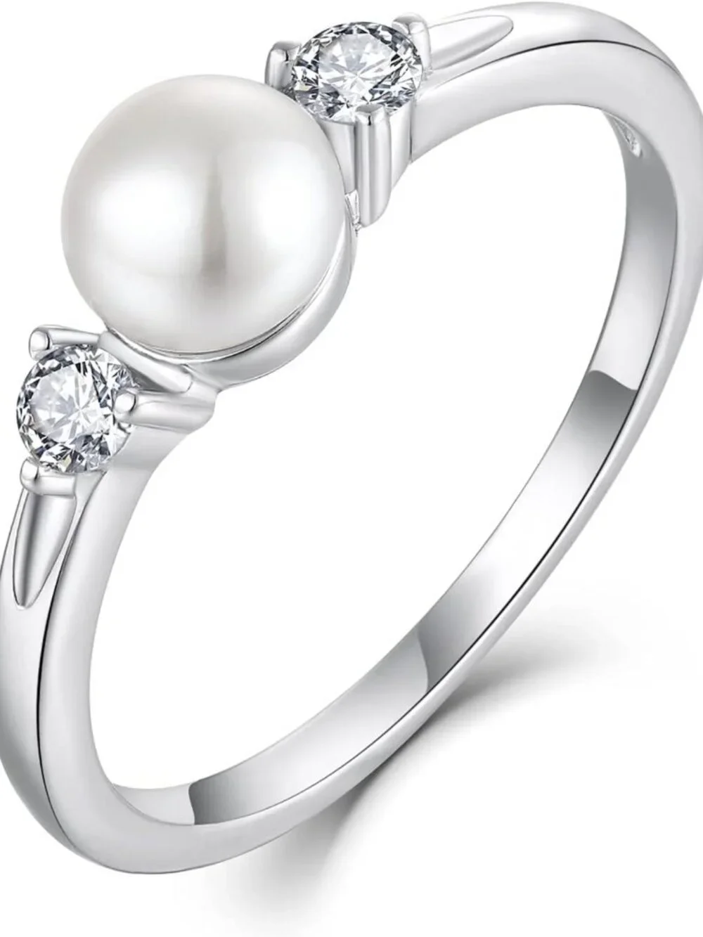 Elegant Pearl Ring in 925 Sterling Silver with Cubic Zirconia, Size 5-10